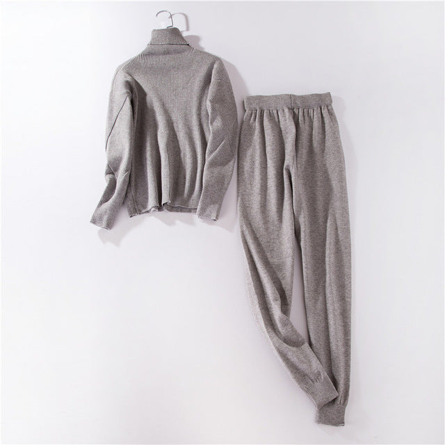 Autumn and Winter Explosions Sportswear High Collar Sweater Knit Pants Suit Casual Women's Two-piece Suit