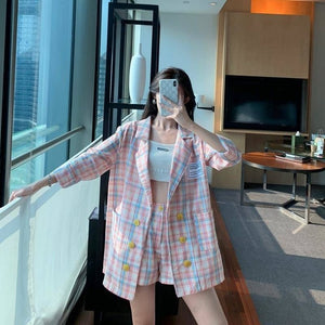 Thin selection] Fashion suit two-piece suit female 2019 summer new Korean version of the plaid thin coat + pants suit