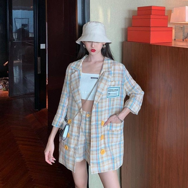 Thin selection] Fashion suit two-piece suit female 2019 summer new Korean version of the plaid thin coat + pants suit