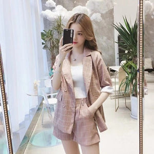 Thin selection] Fashion suit two-piece suit female 2019 summer new Korean version of the plaid thin coat + pants suit