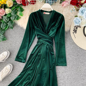 Vintage velvet dress women slim sexy v-neck bandage dresses vestidos new 2019 autumn winter long sleeve elegant casual long robe