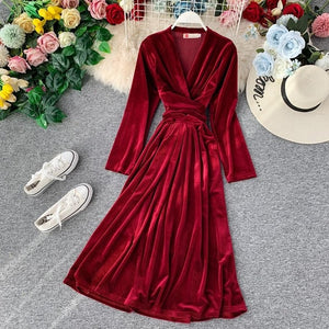 Vintage velvet dress women slim sexy v-neck bandage dresses vestidos new 2019 autumn winter long sleeve elegant casual long robe