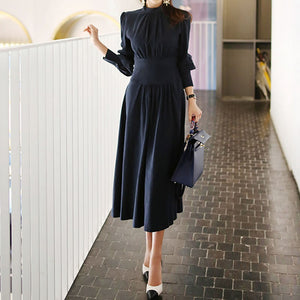 2019 Autumn Korean Office Lady Dress Female Vintage Elegant OL Work Wear Stand Collar Long Puff Sleeve Navy Blue Midi Dress