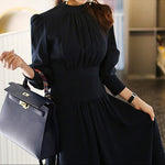 2019 Autumn Korean Office Lady Dress Female Vintage Elegant OL Work Wear Stand Collar Long Puff Sleeve Navy Blue Midi Dress