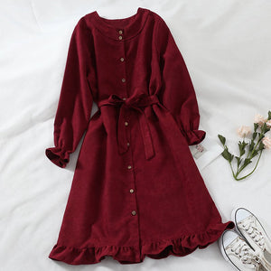 Mferlier Women Winter Dress O Neck Long Flare Sleeve Sashes High Waist Ruffles Hem Blue Pink 6 Colors Mori Girl Chic Shirt Dress