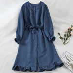 Mferlier Women Winter Dress O Neck Long Flare Sleeve Sashes High Waist Ruffles Hem Blue Pink 6 Colors Mori Girl Chic Shirt Dress