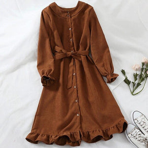 Mferlier Women Winter Dress O Neck Long Flare Sleeve Sashes High Waist Ruffles Hem Blue Pink 6 Colors Mori Girl Chic Shirt Dress