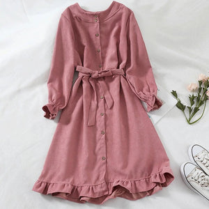 Mferlier Women Winter Dress O Neck Long Flare Sleeve Sashes High Waist Ruffles Hem Blue Pink 6 Colors Mori Girl Chic Shirt Dress