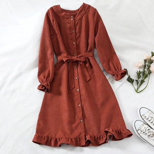 Mferlier Women Winter Dress O Neck Long Flare Sleeve Sashes High Waist Ruffles Hem Blue Pink 6 Colors Mori Girl Chic Shirt Dress