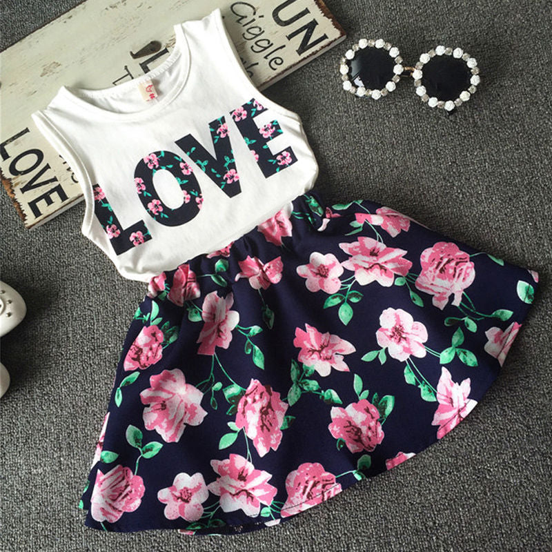 Girl 2pcs Summer Clothing Set 2016 Kids Baby Letter Shirt Tops+Floral Skirt Clothes Set