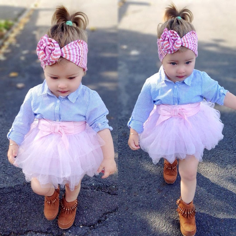 Kids Baby Girls Outfits Clothes Long sleeves T-shirt Top Striped + Lace Tutu Skirt Bow 2pcs  Children's Kids Clothing Sets