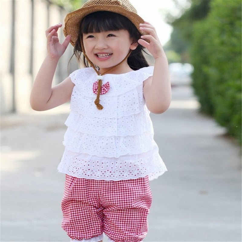 New Summer Kids Clothing Set Lace Children Girl Clothes Set T Shirt And Lattice shorts Pants  Infant Garment